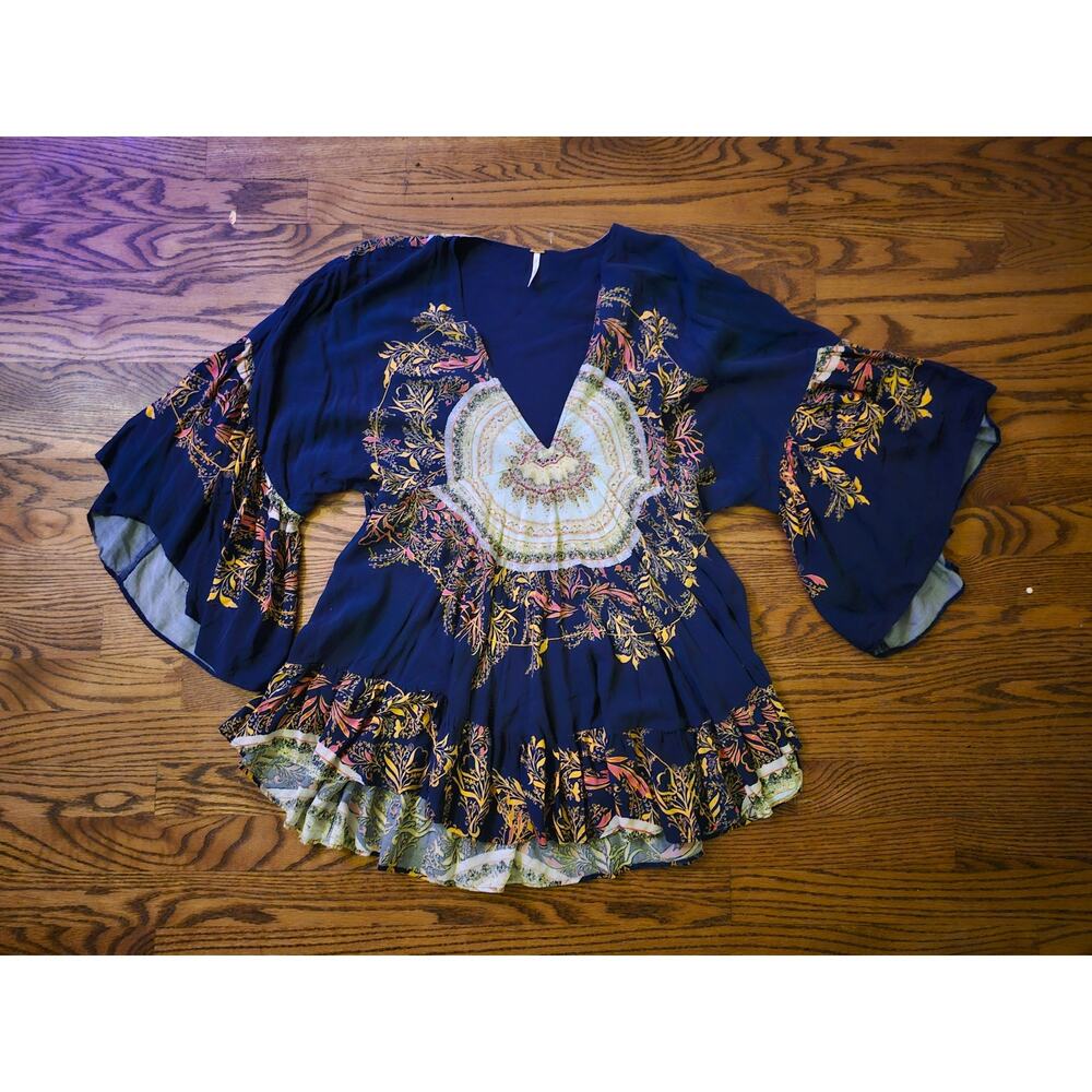 Free People Sunset Dreams Tunic Top Blue Boho Peasant Flowy Oversized Small - Picture 3 of 7